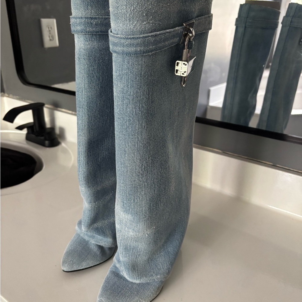 Shark Lock denim knee-high boots